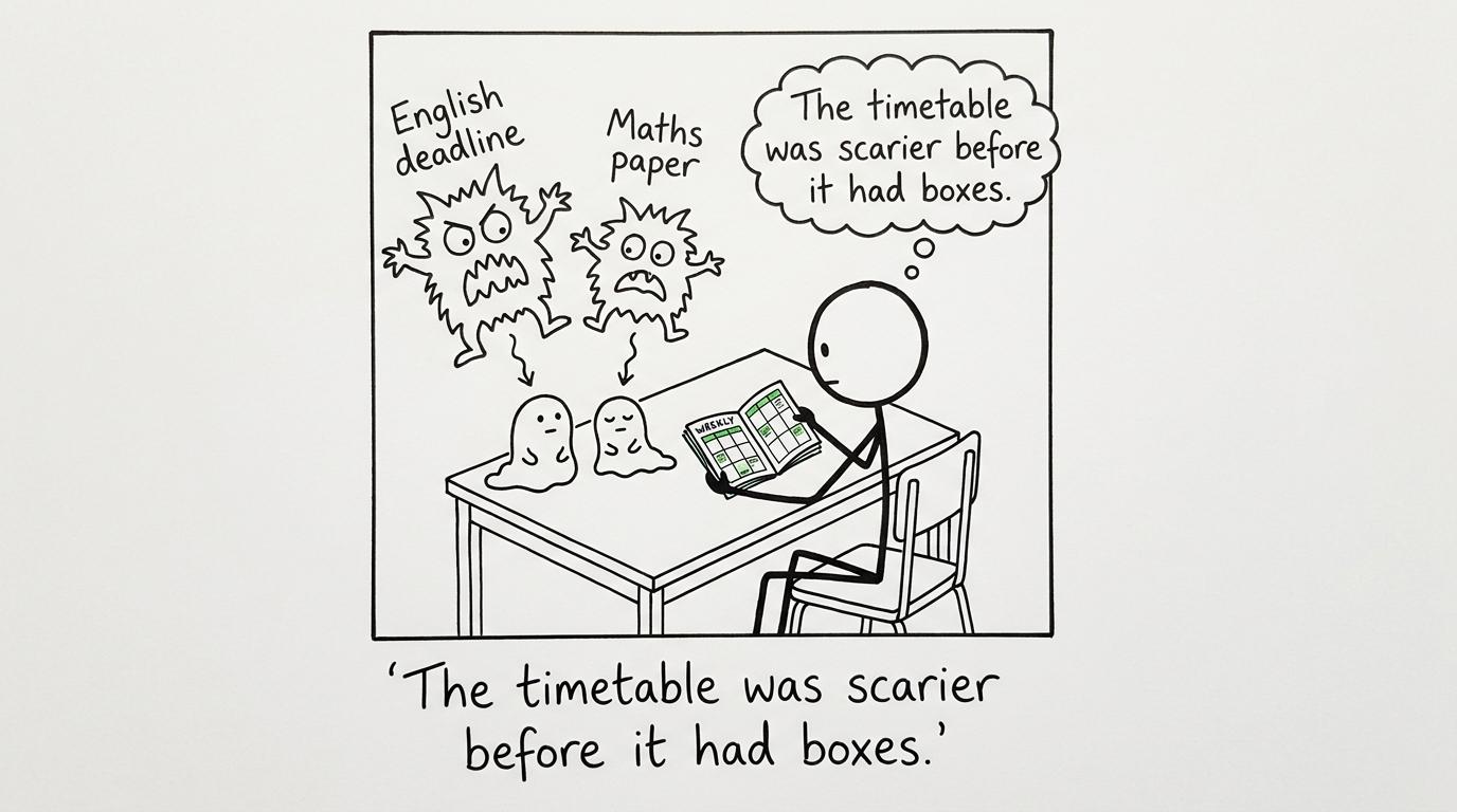 A weekly planner turns two revision monsters into manageable desk pets
