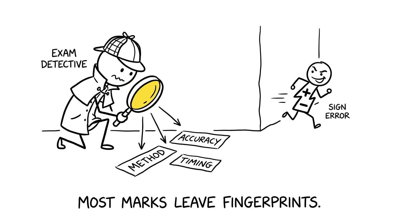 An exam-paper detective follows clues while a sign error escapes