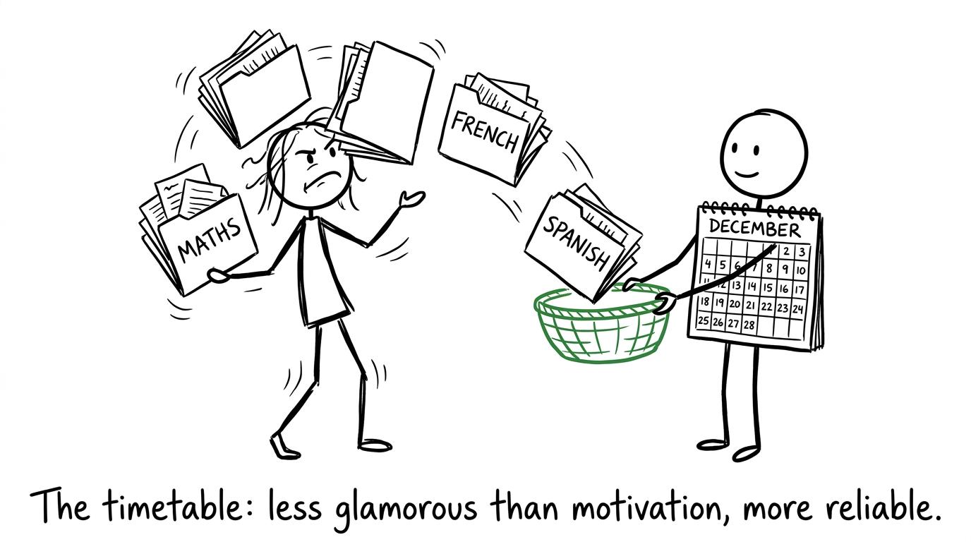 A revision calendar calmly catches the subjects that a GCSE student was trying to juggle