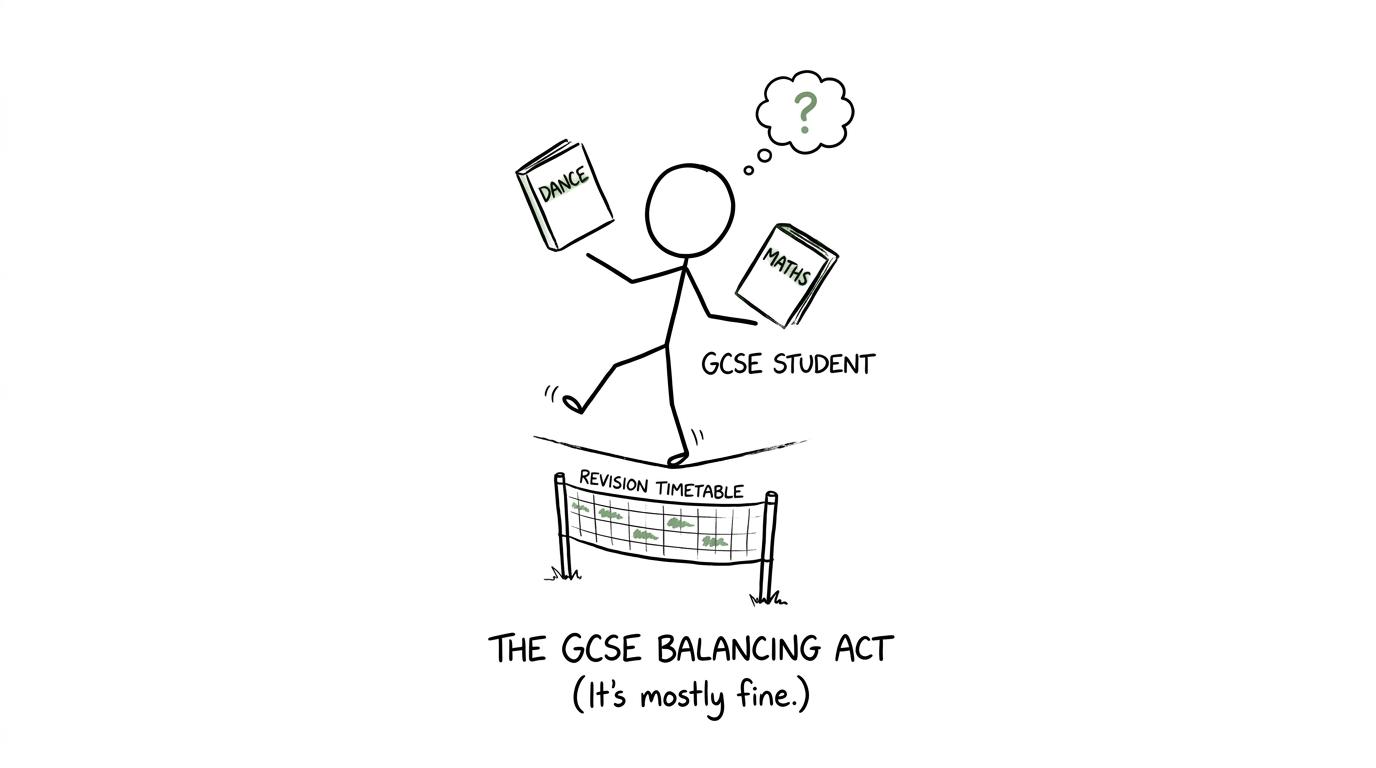 A student balances Dance and Maths books above a tiny revision timetable safety net