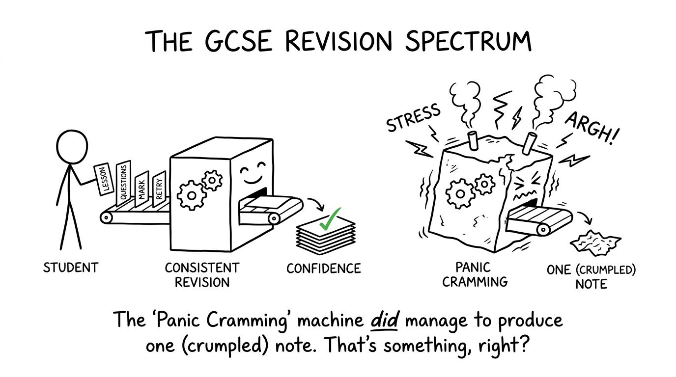 A calm revision machine produces confidence while a panic-cramming machine fills the room with smoke