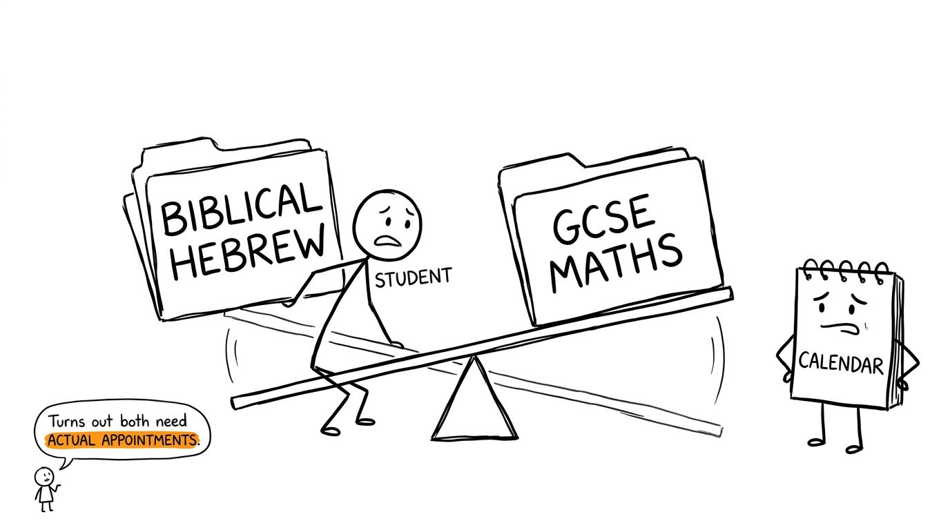 A student balances Biblical Hebrew and GCSE maths revision