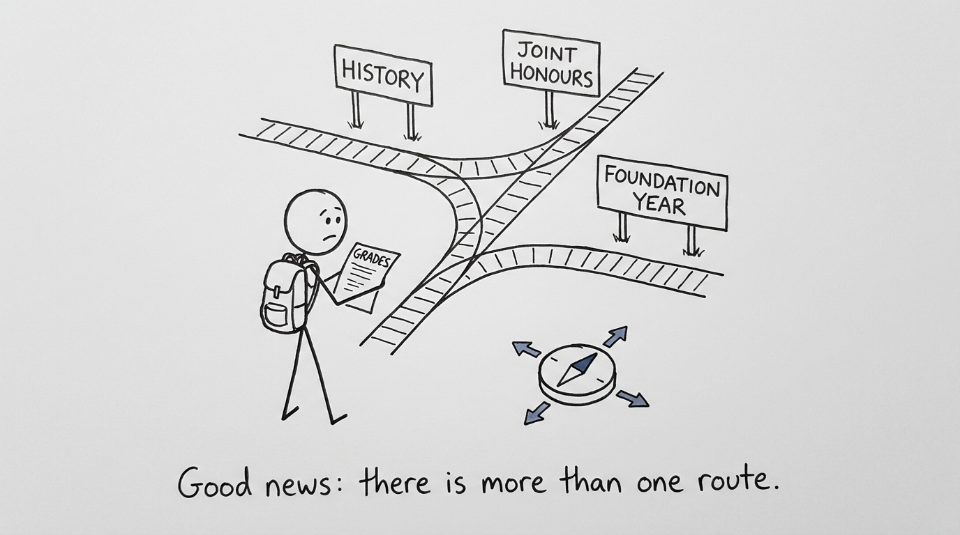A student navigating several routes towards university History courses