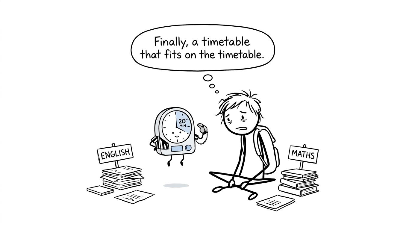 A GCSE student balancing English and maths with a friendly twenty-minute timer