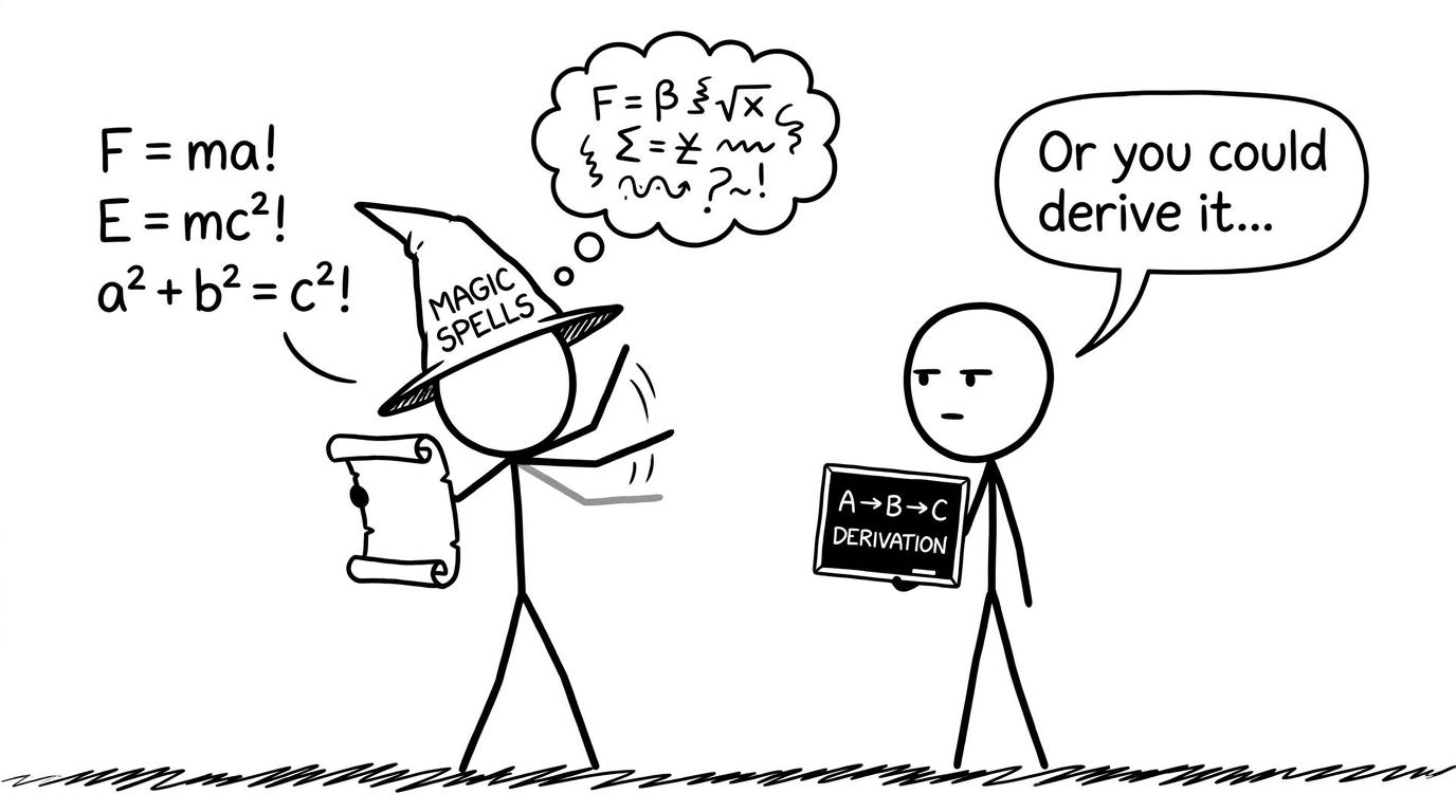 Wizard tries to memorise formulas like spells; friend suggests deriving
