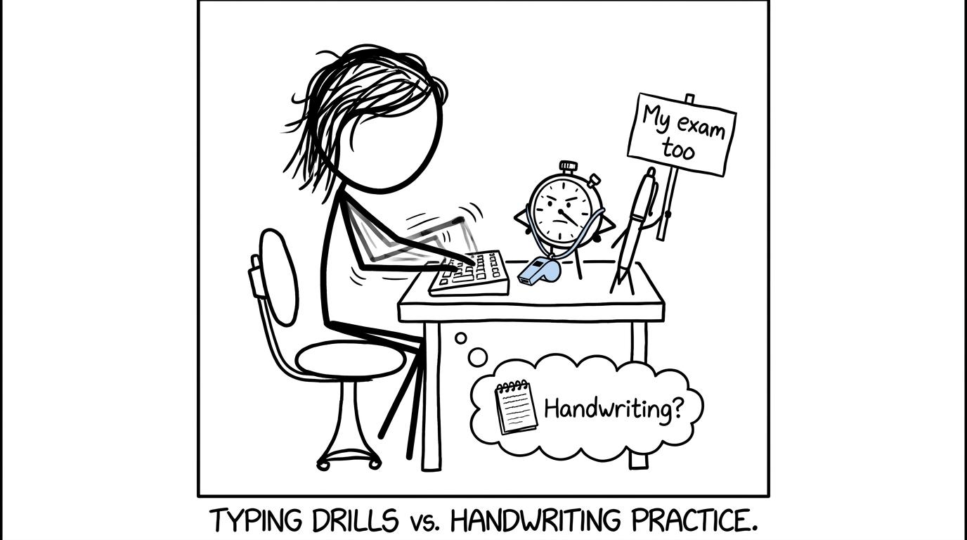 A stopwatch referees between a fast keyboard and the pen needed for the real exam