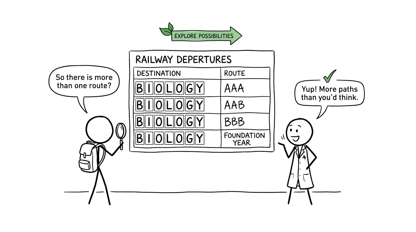 A student discovers that several university routes can lead towards Biology