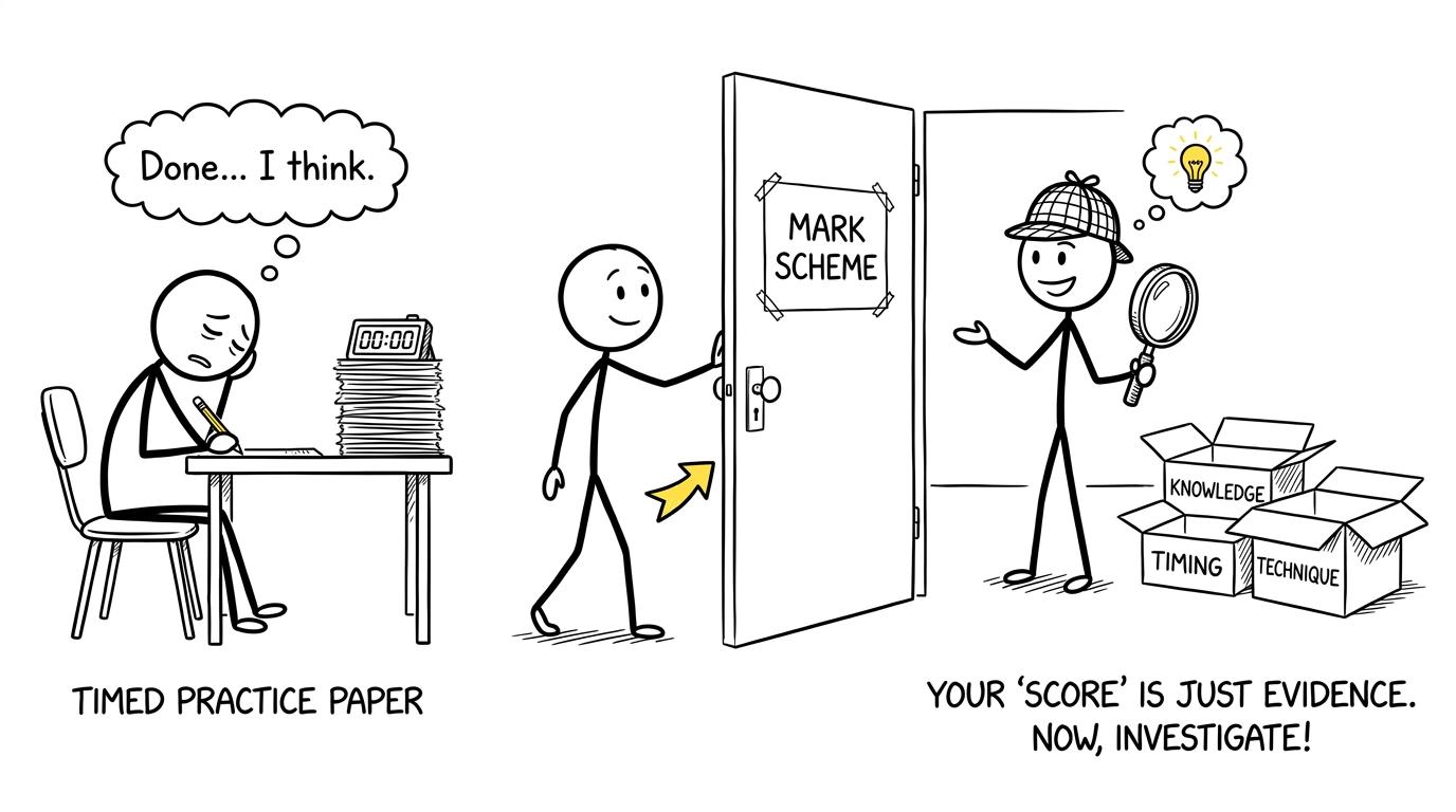 A friendly mark-scheme detective sorts errors into knowledge, timing and technique