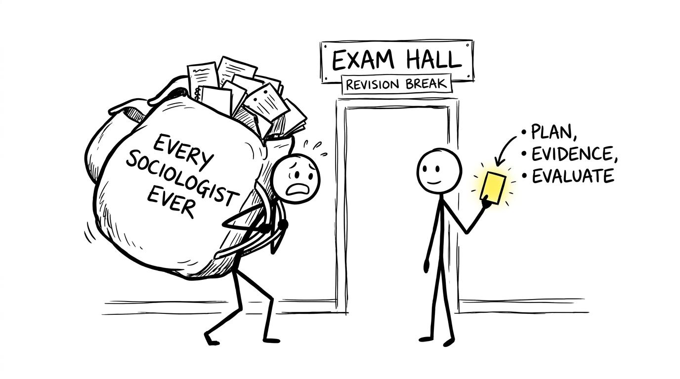 A calm student carries a small exam plan while another brings every sociologist ever