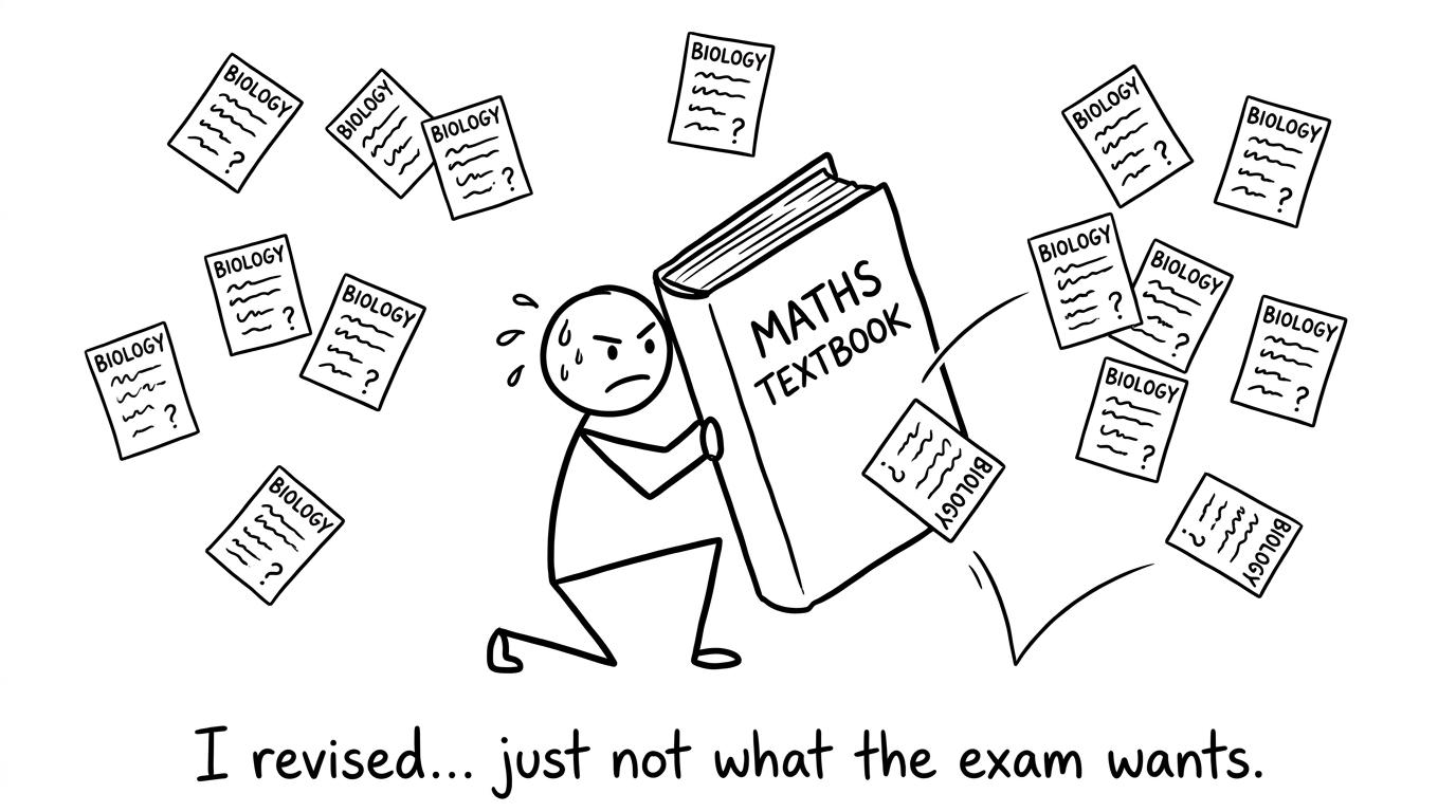 A stressed student with Biology flashcards and a maths textbook shield