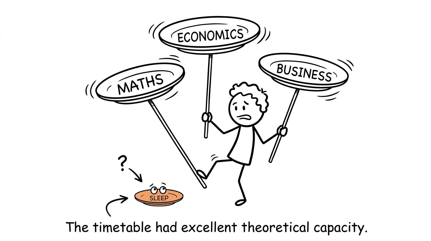 A student balances maths, economics, business and sleep
