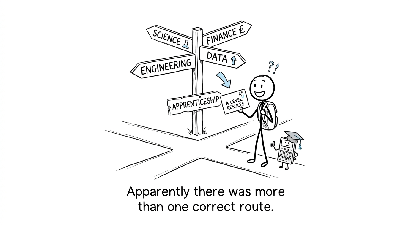 Student discovering several possible career routes after opening an A-level results envelope