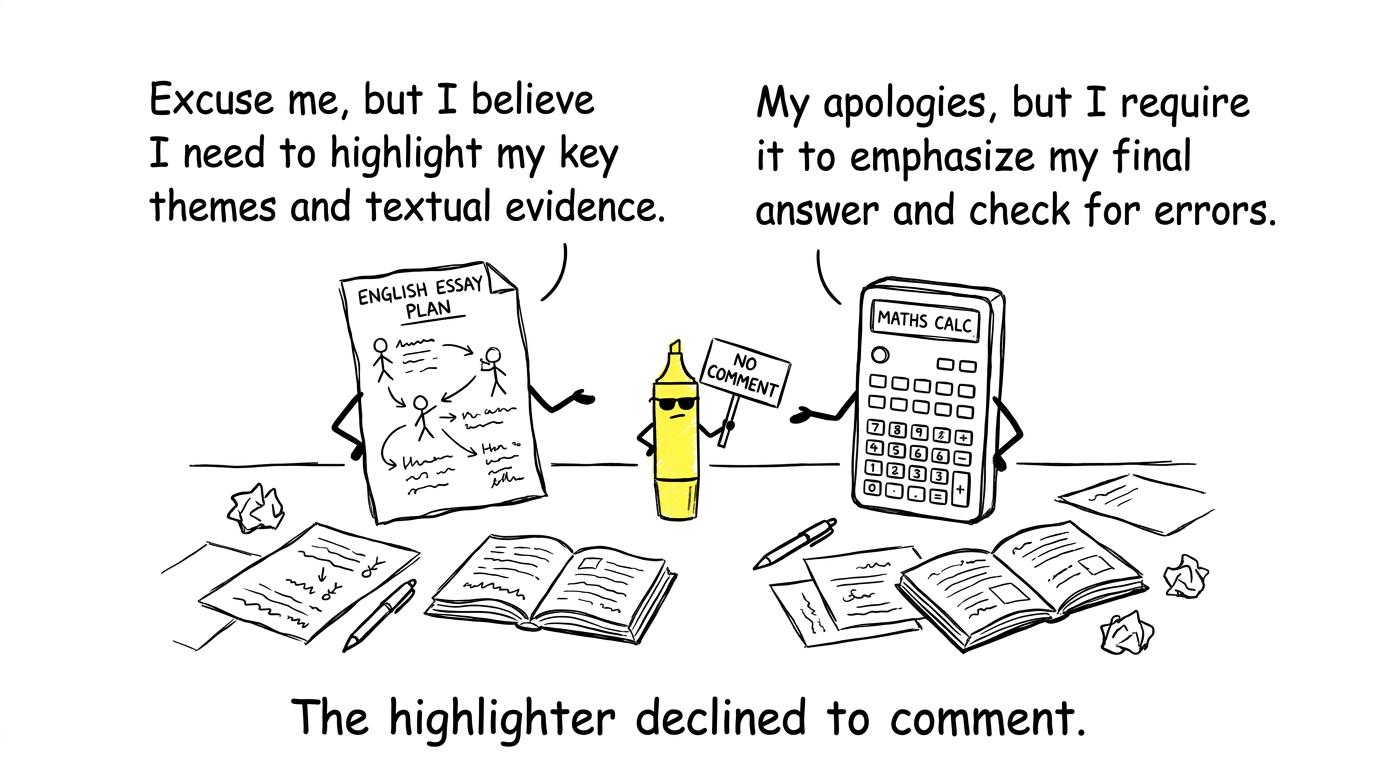 An English plan and calculator competing for a highlighter