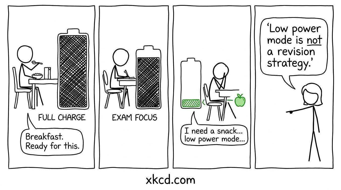 A student monitoring exam energy like a phone battery