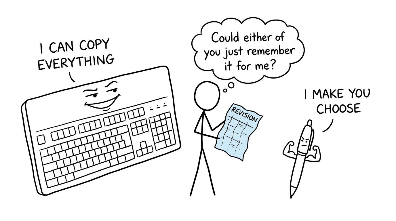 A student negotiates with a keyboard that copies everything and a pen that forces choices