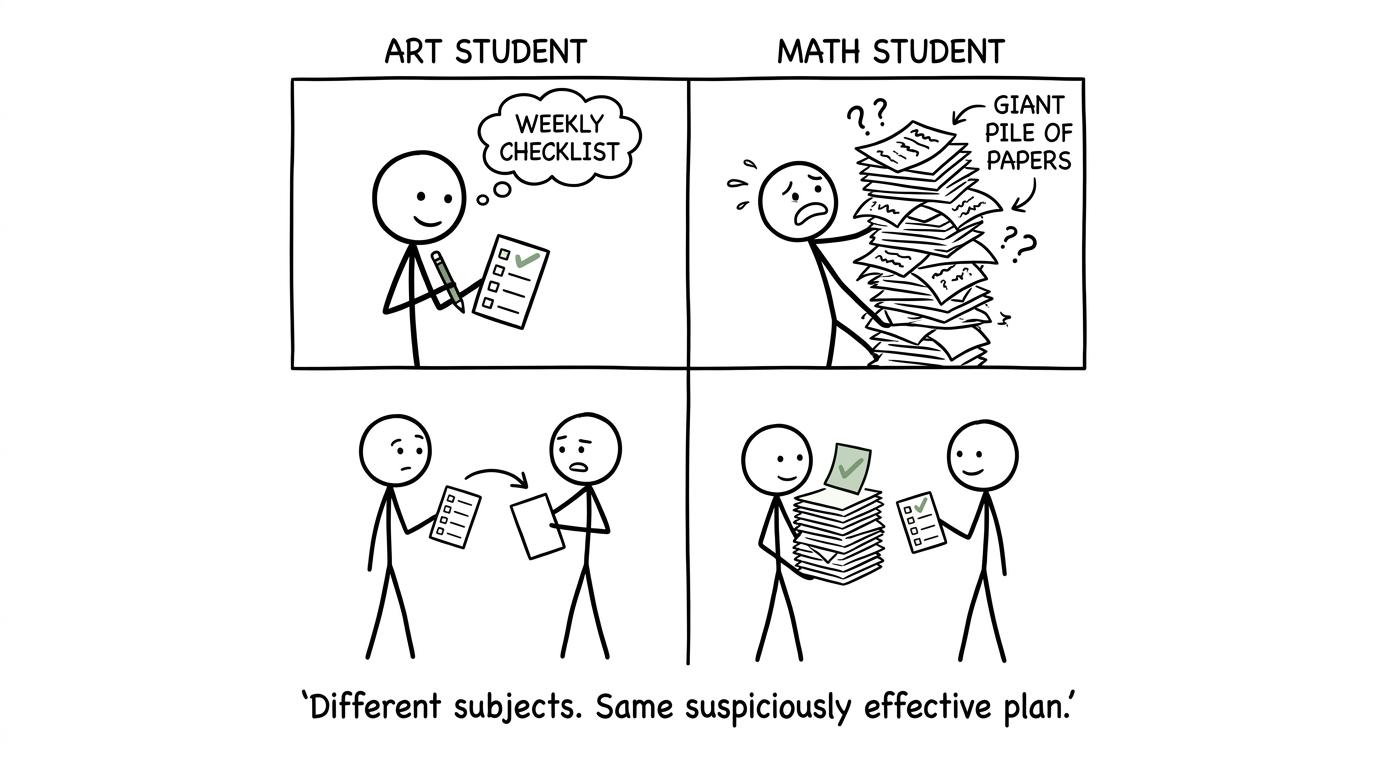 Art and maths students discovering the same effective weekly checklist