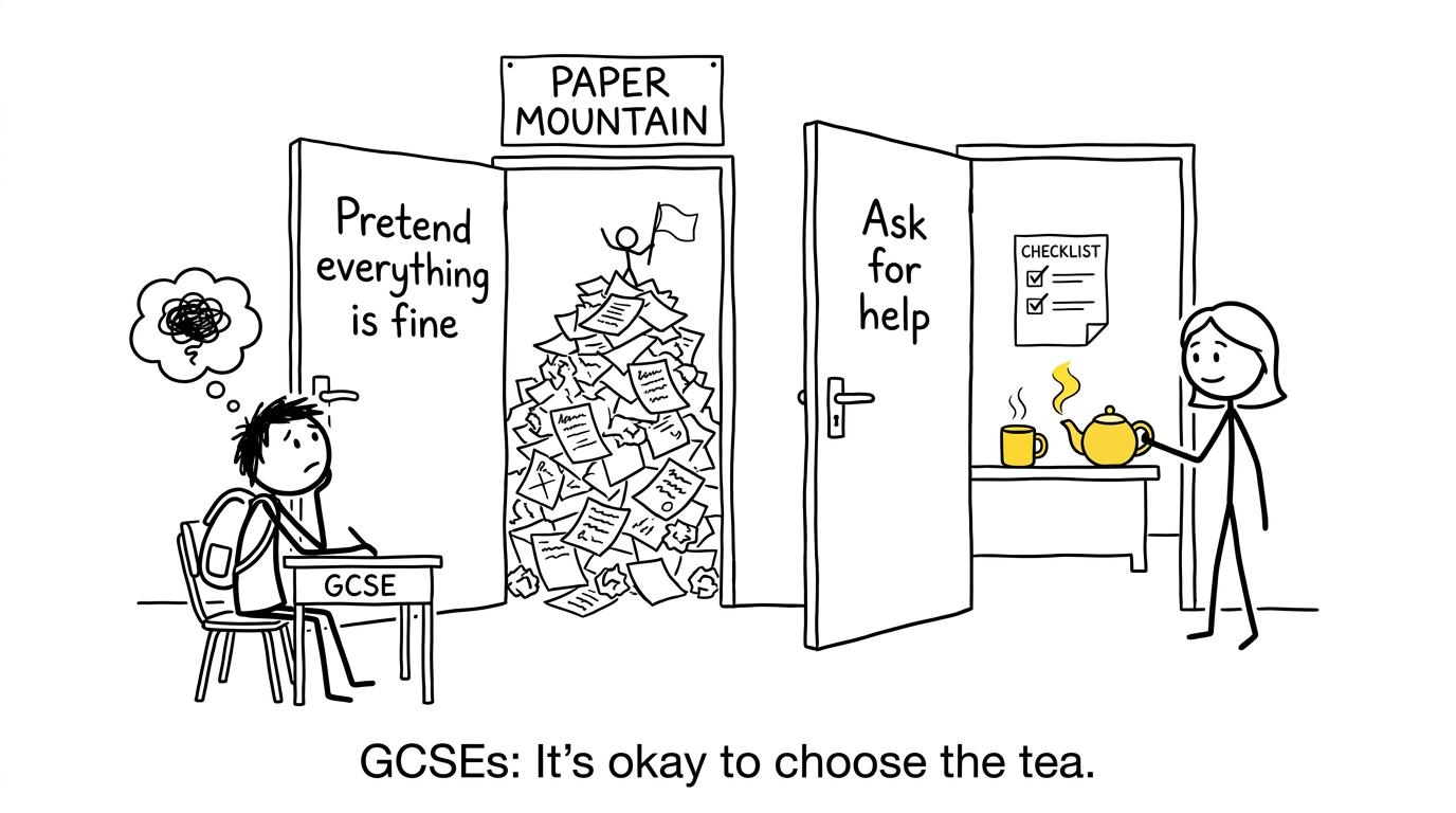A student chooses asking for help instead of letting an ignored paper mountain continue to grow