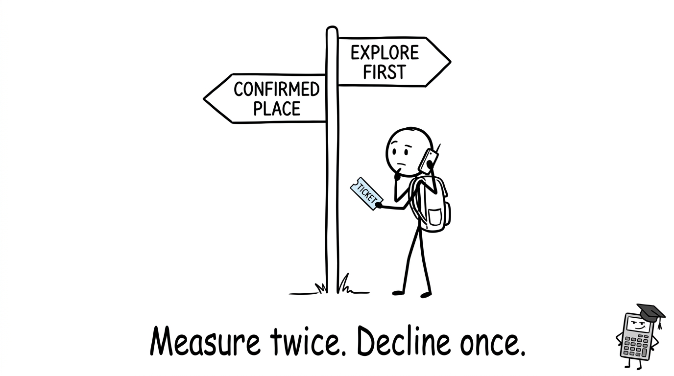 Student carefully exploring university choices while keeping hold of a confirmed ticket