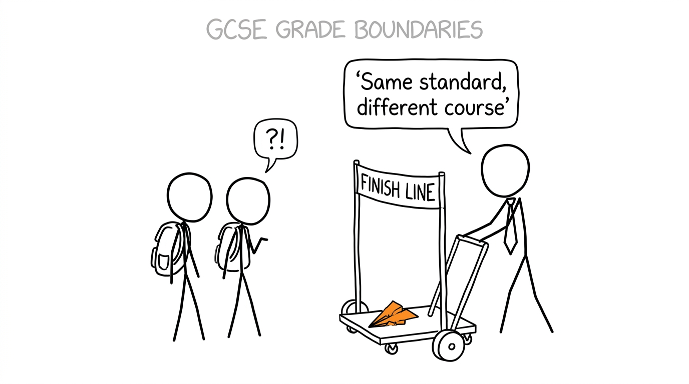 Students watch an examiner adjust a movable finish line to preserve the same standard