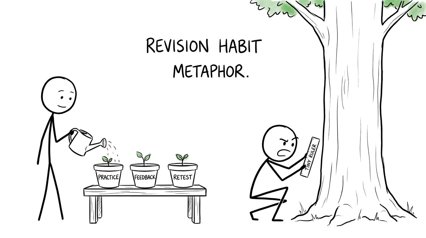 One student tends useful revision habits while another measures somebody else's tree