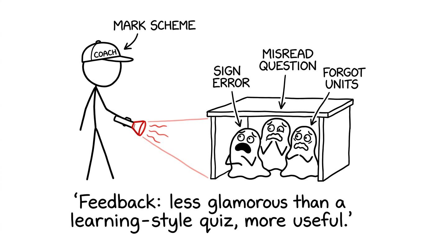 A mark scheme revealing revision mistakes hiding under a desk