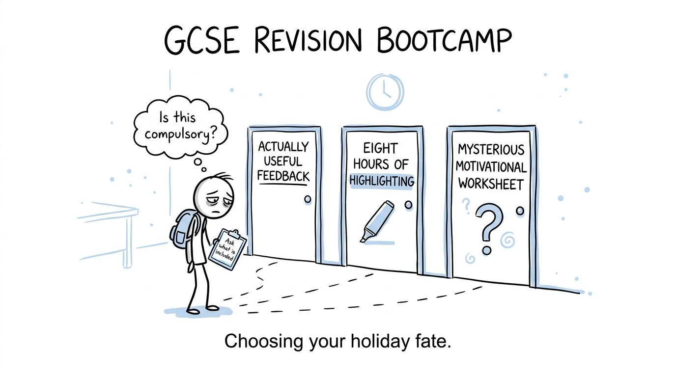 A student choosing between useful feedback and endless highlighting at a revision bootcamp