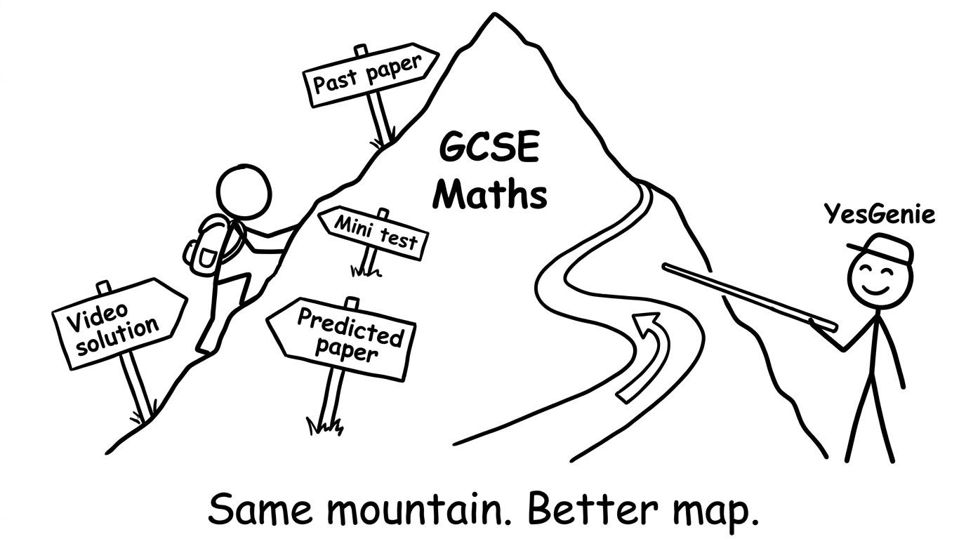 A student climbing a “GCSE Maths” mountain with signposts and a guide labelled YesGenie