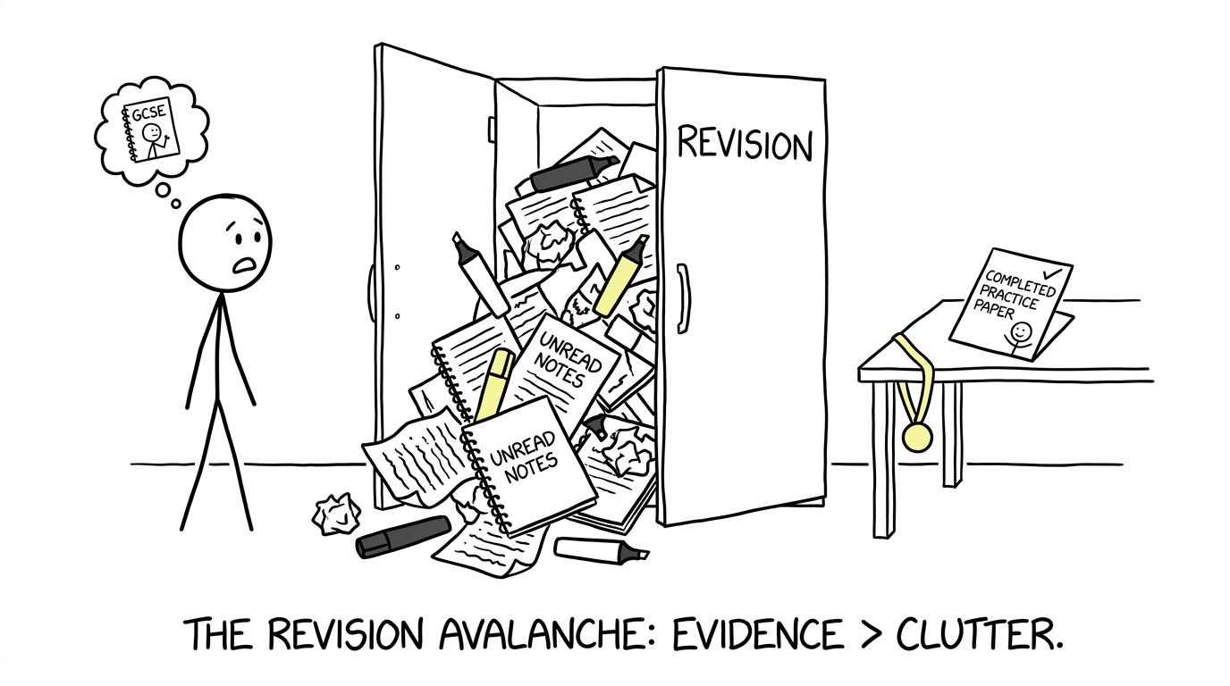 A completed practice paper calmly defeats an avalanche of unused revision notes