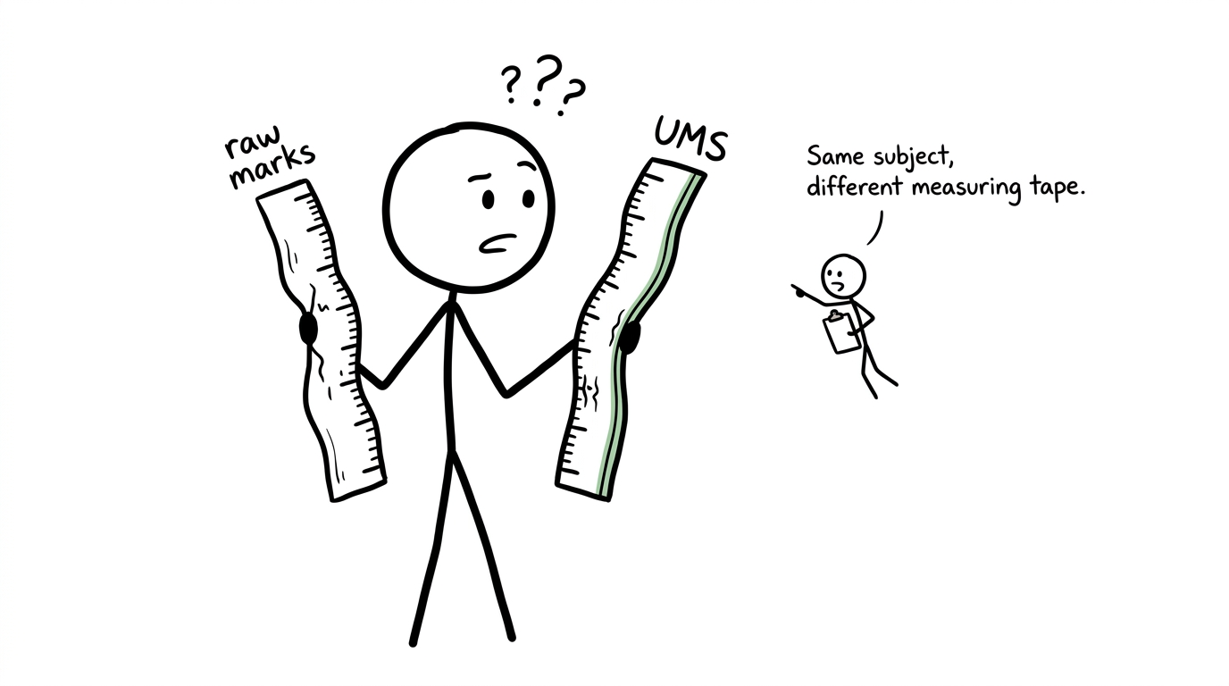 A student discovers that raw marks and UMS use different measuring tapes