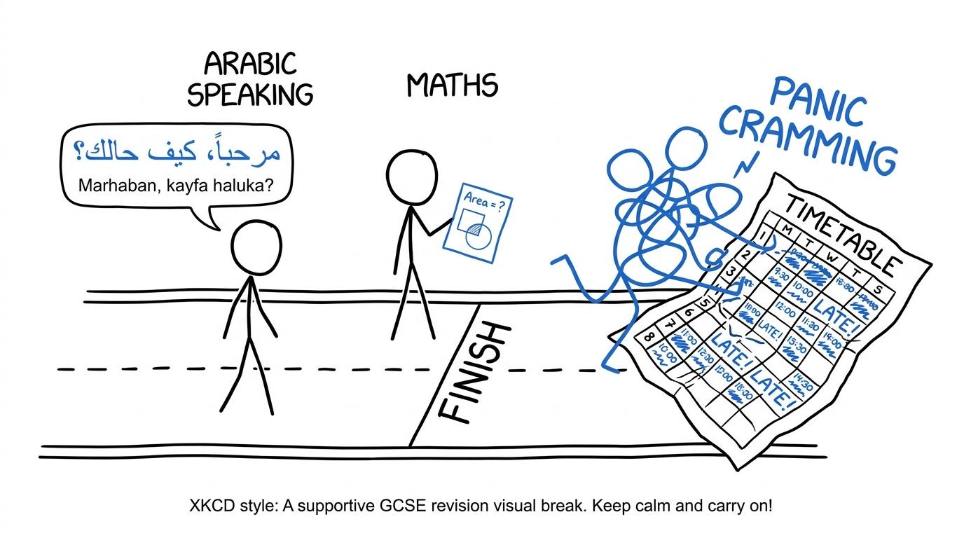 Students calmly balance Arabic speaking practice and maths papers while panic cramming trips over a timetable