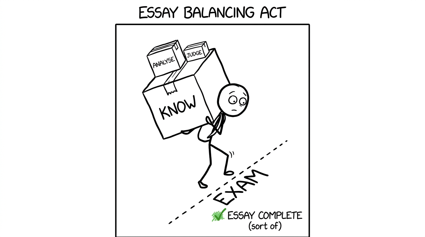 A student trying to carry knowledge, analysis and judgement equally