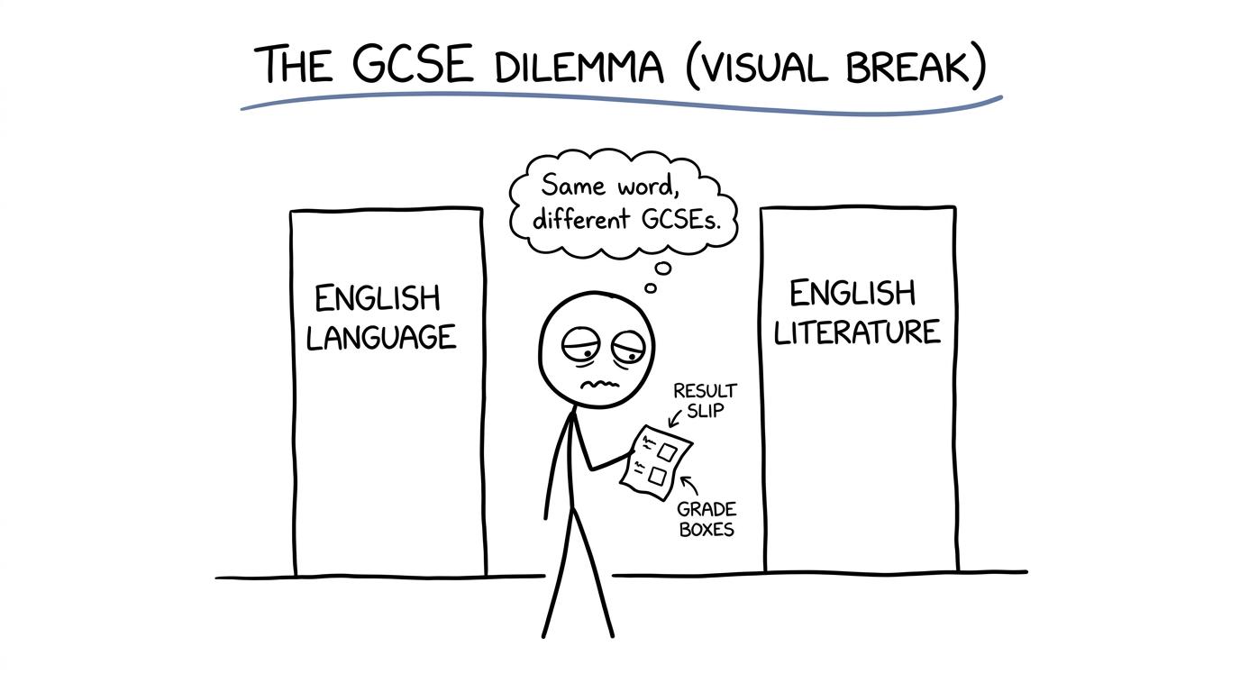 A student choosing between separate English Language and English Literature result doors