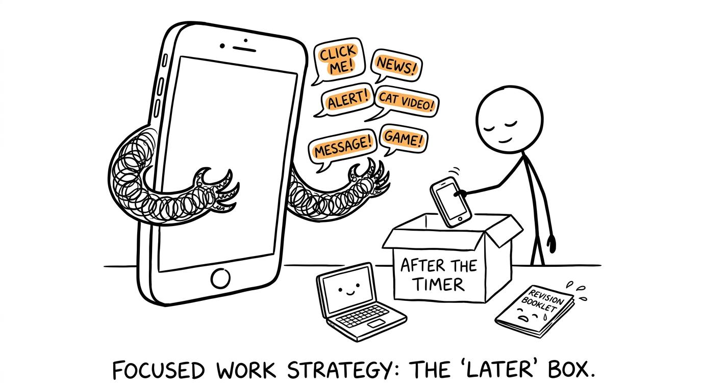 A notification monster is disappointed when a student puts the phone away