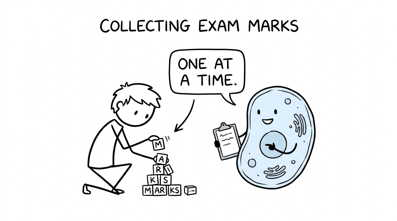 A student stacks individual exam marks while a cartoon cell encourages patience