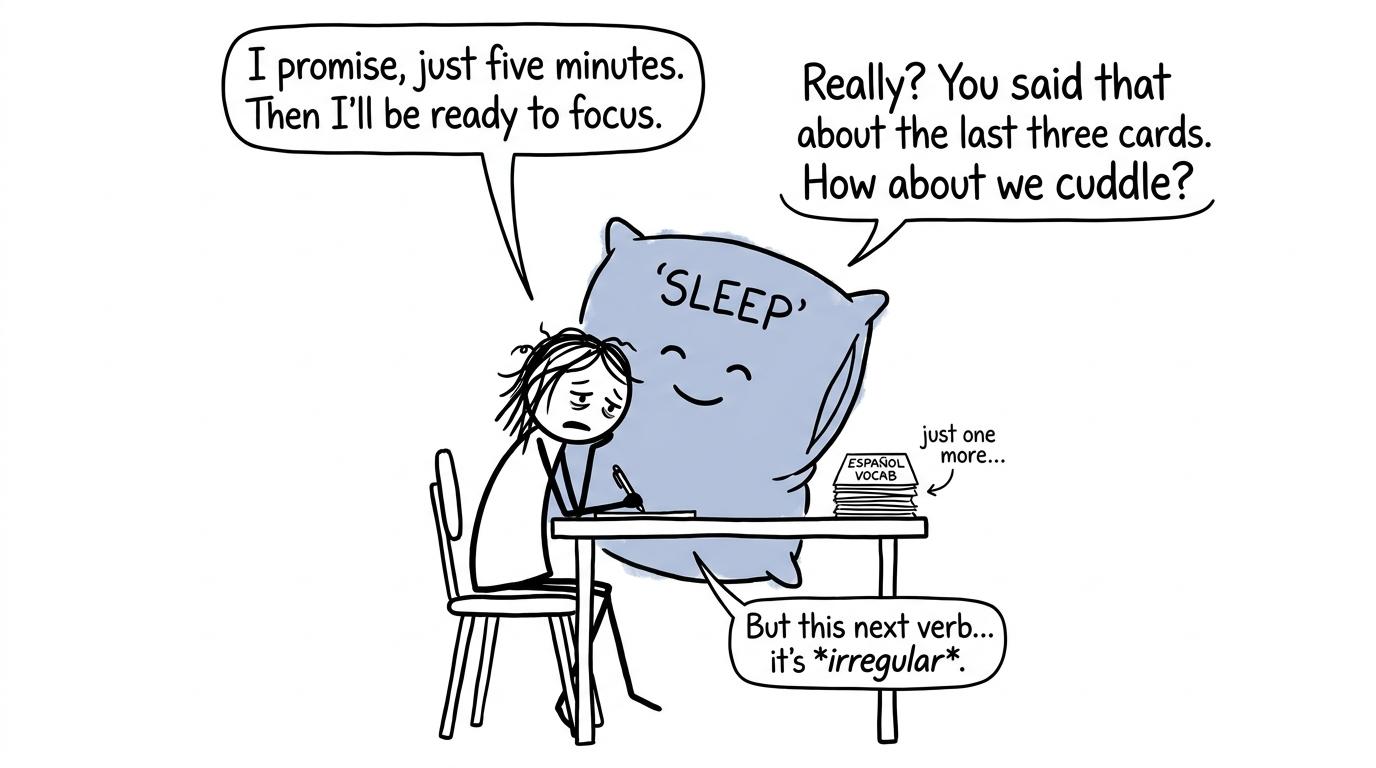 A tired student negotiates with sleep while vocabulary cards demand one more round