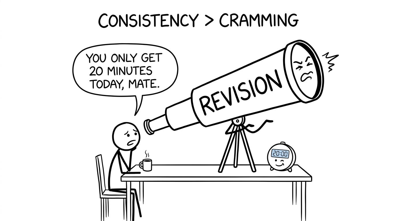 A student negotiating a short revision session with an enormous telescope