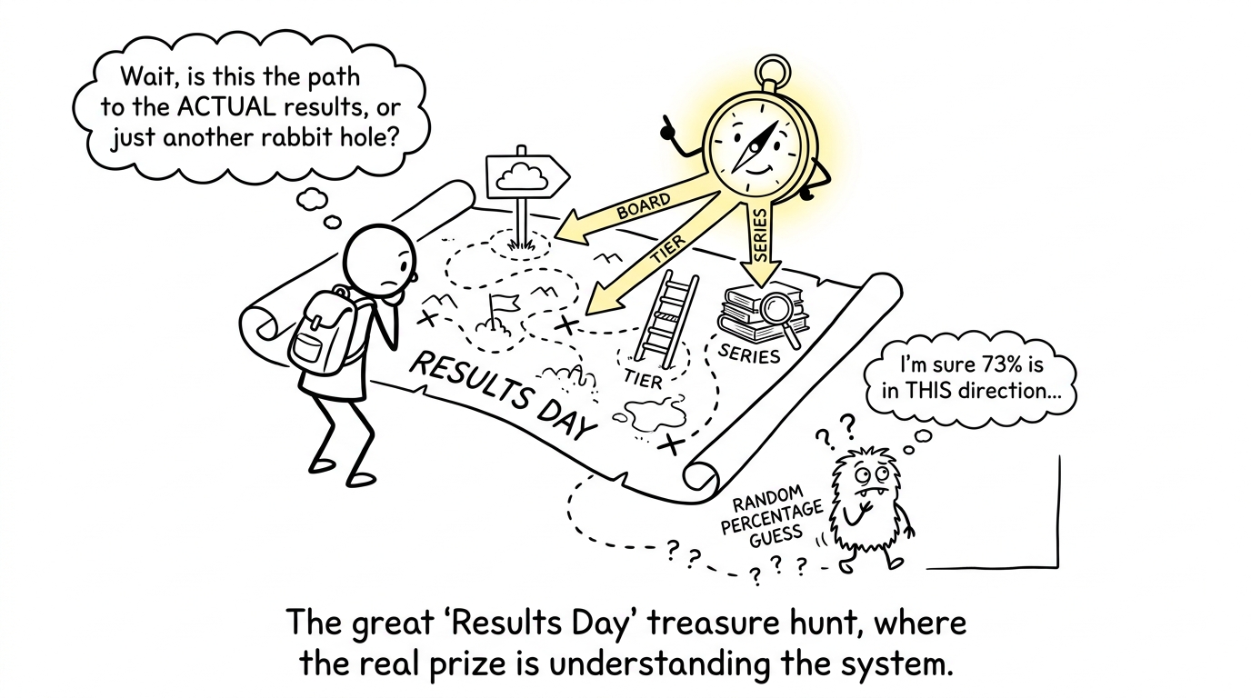 A results-day map pointing towards board, tier and series