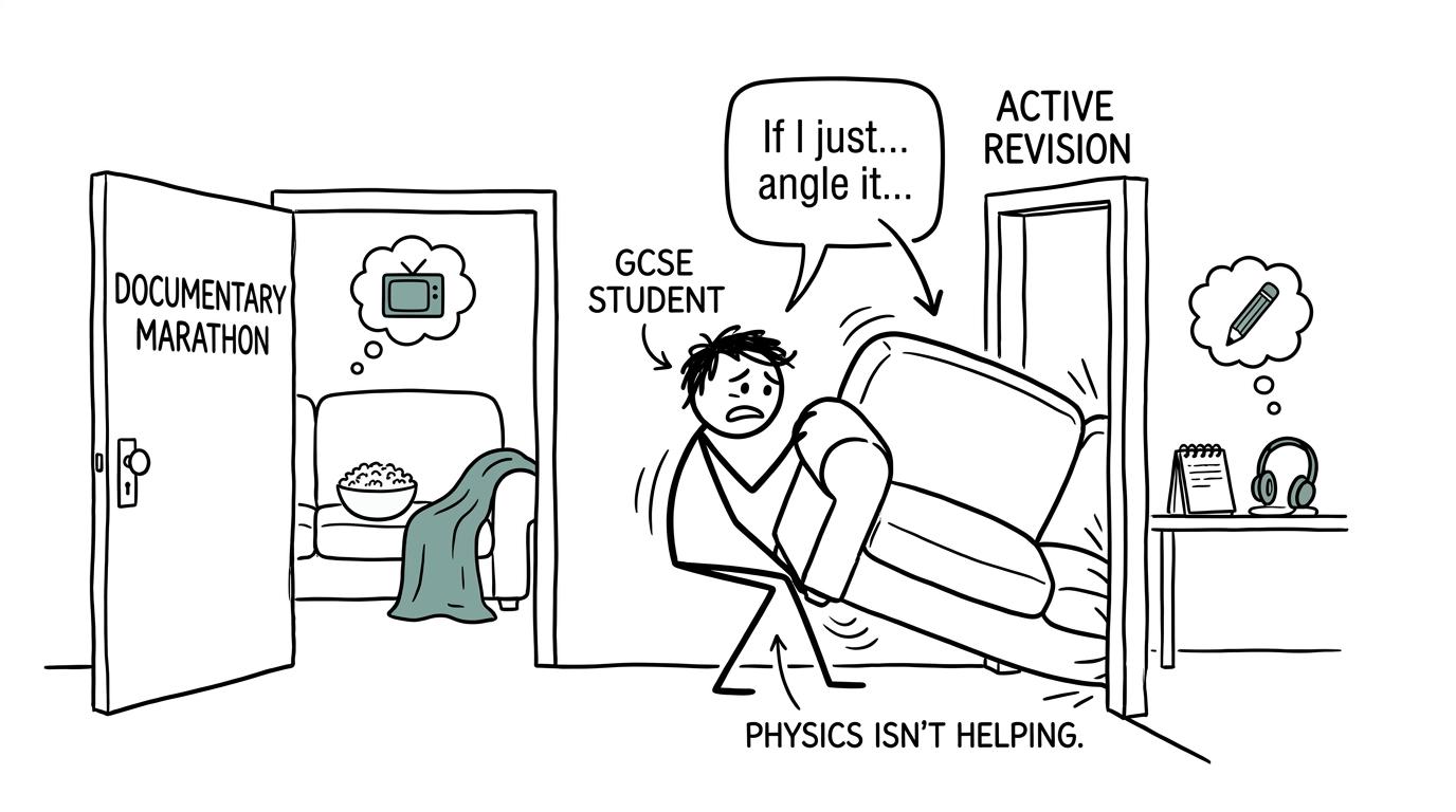A student choosing between a documentary marathon and active revision
