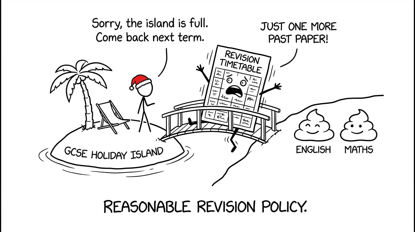 A student protects a peaceful Christmas island from an oversized revision timetable