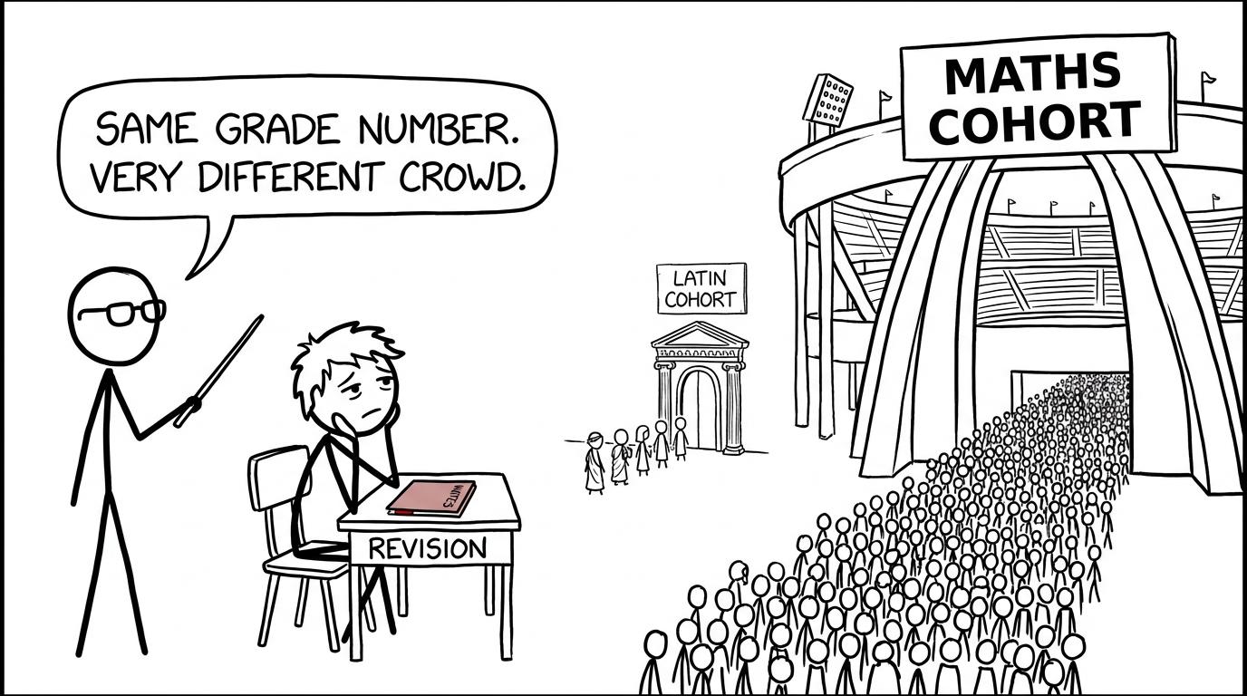A Latin cohort enters a Roman arch while the maths cohort enters a stadium