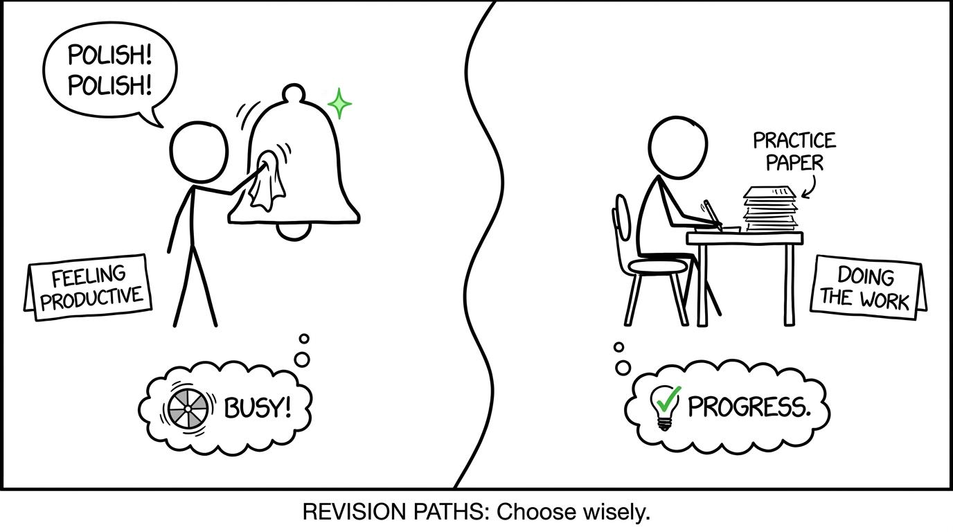 One student polishes a notification bell while another completes real revision