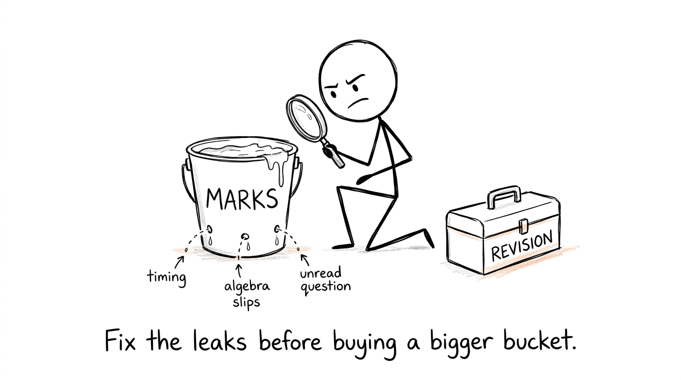 A student fixes small leaks in a bucket of marks