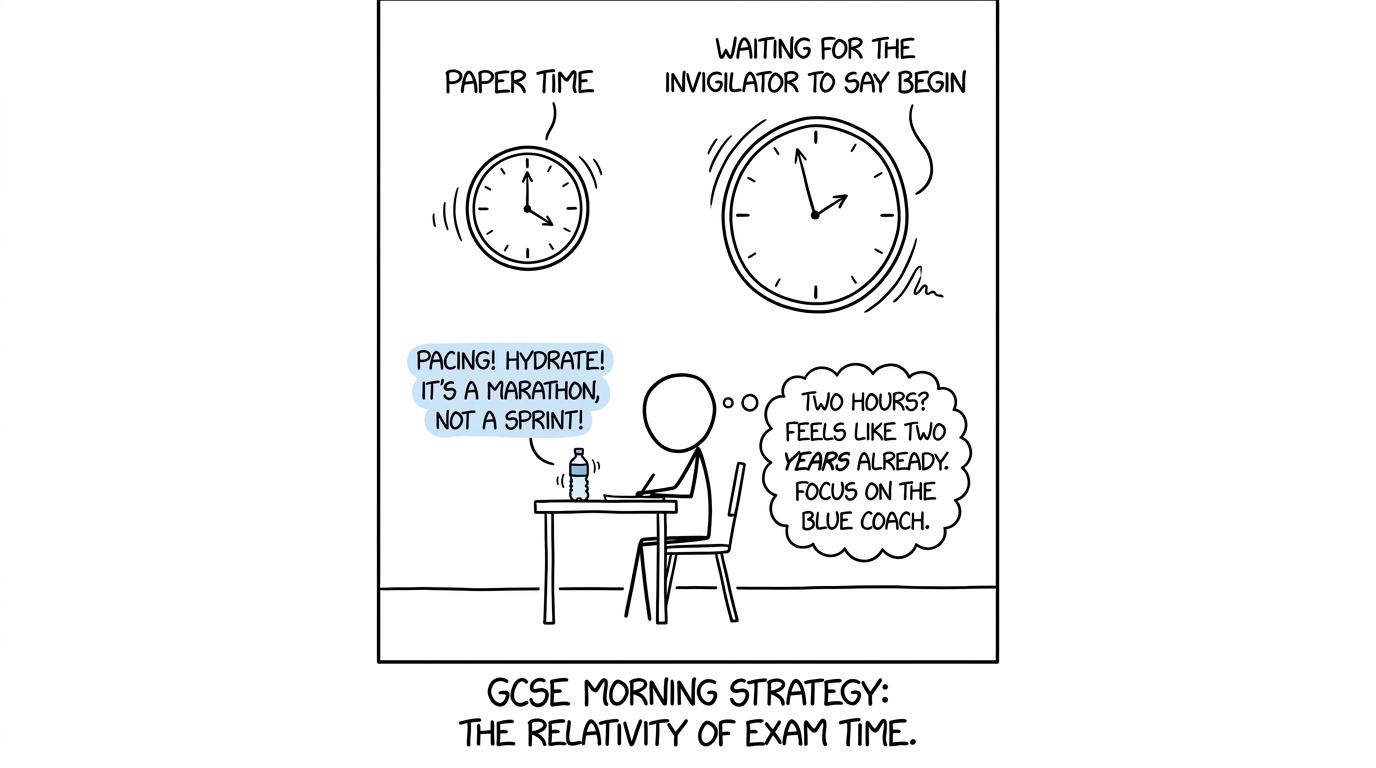 A student waiting for an exam to begin while two clocks appear to move at very different speeds