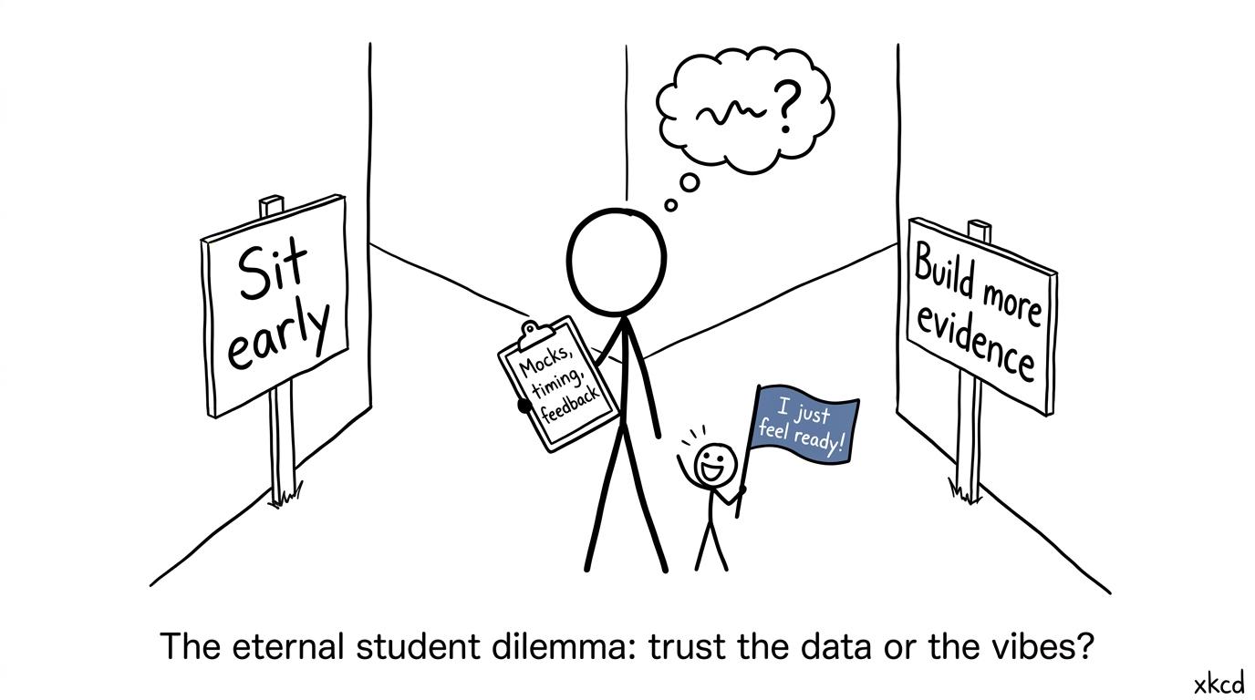 A student choosing between sitting early and building more evidence