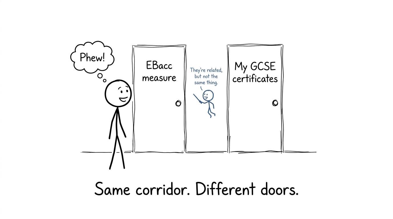 A student discovers that the EBacc measure and GCSE certificates are related but different