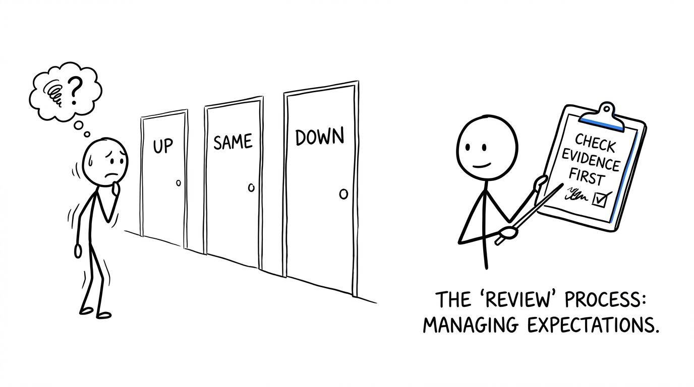A student considers the possible outcomes of a review of marking