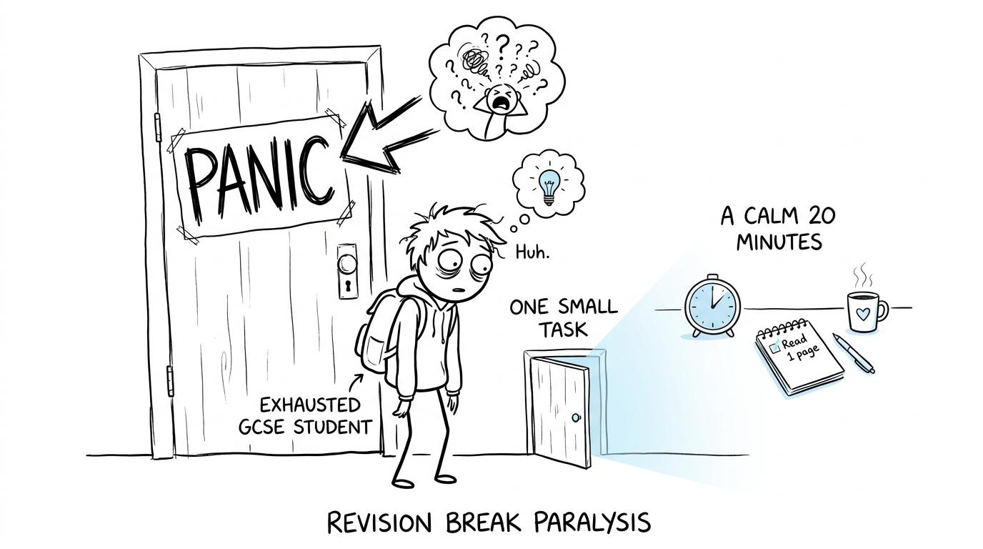 A student choosing one small revision task instead of panic