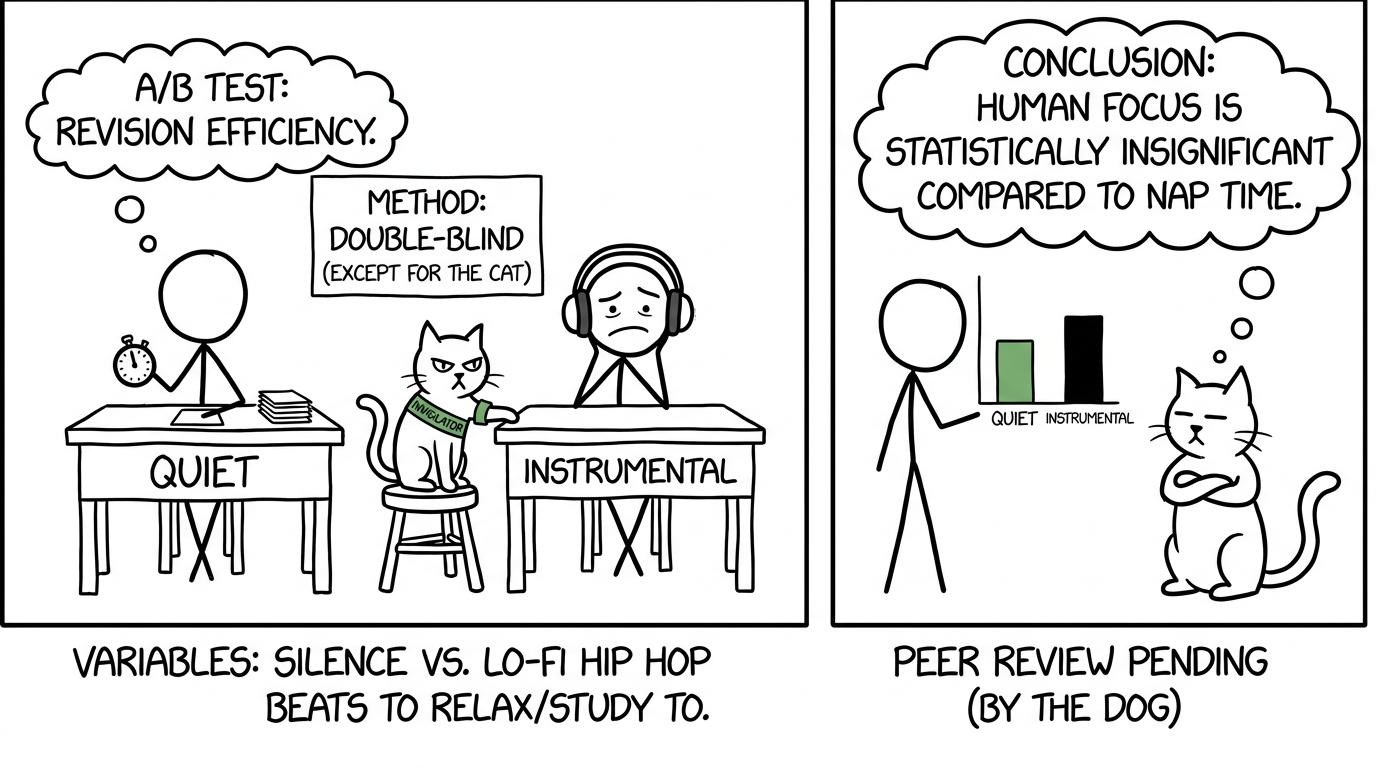 A student compares quiet and instrumental revision while a cat supervises the test