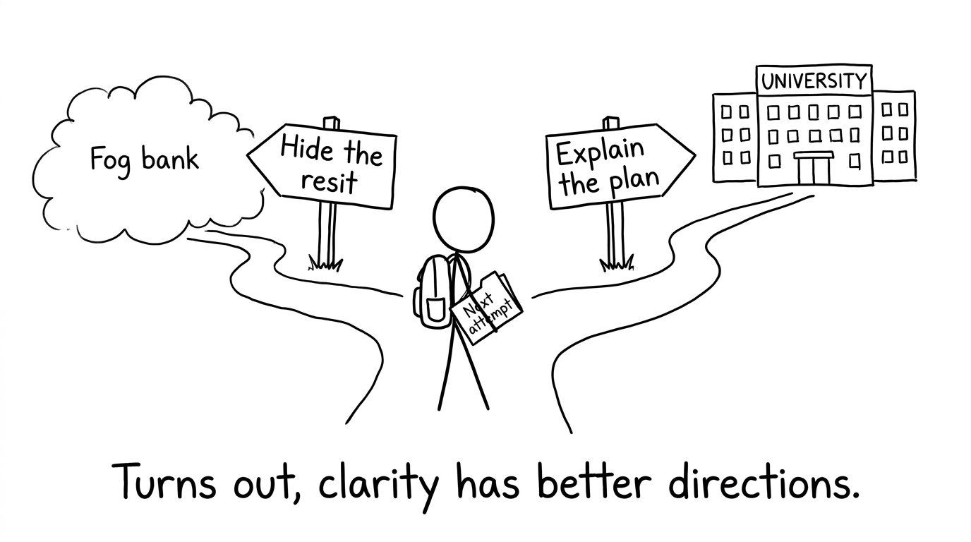 A student choosing between hiding a resit and explaining a clear plan
