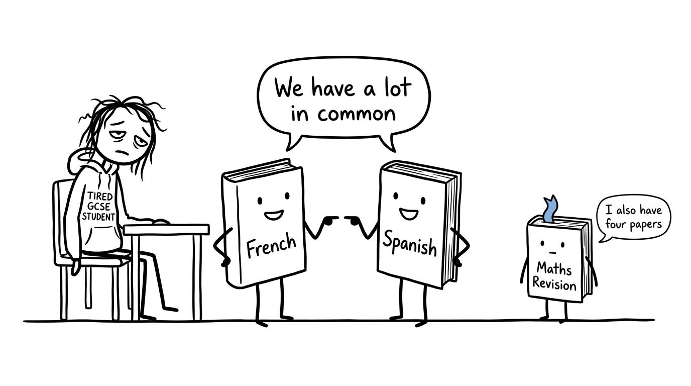 Two language textbooks discover that they have similar exam luggage while a maths book joins the conversation